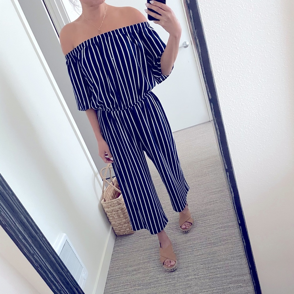 Navy and White Striped off the shoulder Jumper - M